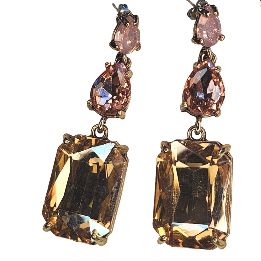 BETSEY JOHNSON Rectangle Tear Drop Earrings Dangle Pink Rose Citrine Rhinestone